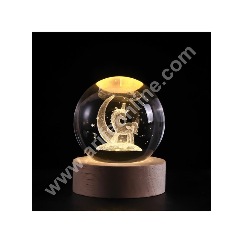 3D Unicorn Crystal Ball Night Lamp |Creative Engraved Crystal Ball Night Light, USB Table LED Wooden Stand with Crystal Ball for Home Office Diwali Decoration Birthday Gift