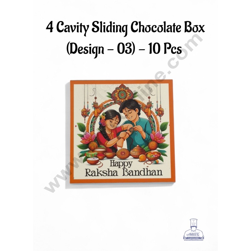 4 Cavity Raksha Bandhan Sliding Chocolate Box (Design - 03) Without Cavity (10 Pcs Pack) - CAKE DECOR