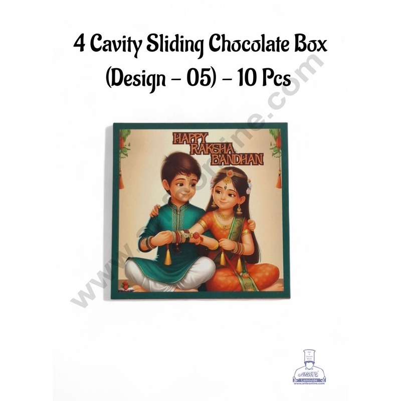 4 Cavity Raksha Bandhan Sliding Chocolate Box (Design - 05) Without Cavity (10 Pcs Pack) - CAKE DECOR