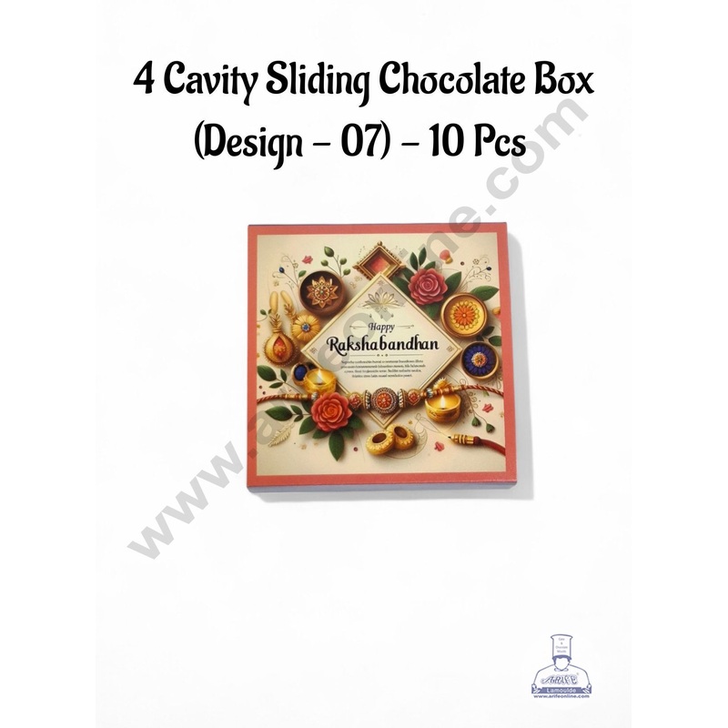 4 Cavity Raksha Bandhan Sliding Chocolate Box (Design - 07) Without Cavity (10 Pcs Pack) - CAKE DECOR