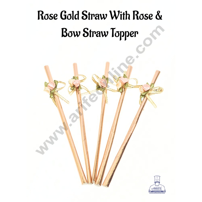 5pcs Rose Gold Straw With Rose &  Bow Straw Topper For Cake Decoration CAKE DECOR