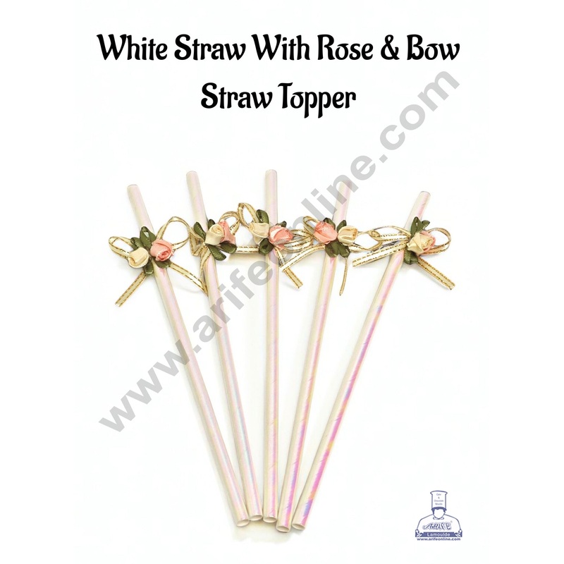 5pcs White Straw With Rose &  Bow Straw Topper For Cake Decoration CAKE DECOR