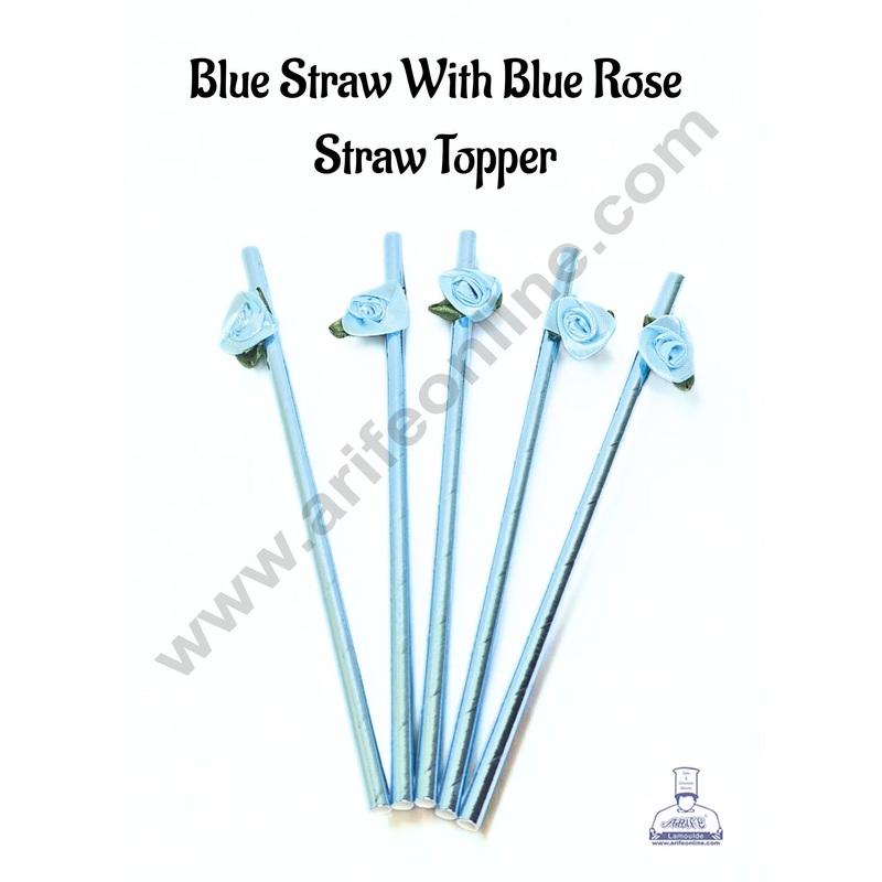 Blue Straw With Blue Rose  Straw Topper For Cake Decoration - CAKE DECOR