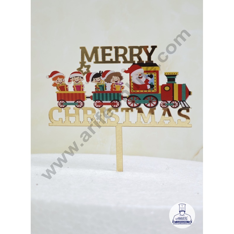 CAKE DECOR 4 inch Acrylic Merry Christmas with Toy Train Cutout Cake Topper Cake Decoration | 1 Piece (SBMT-6030)