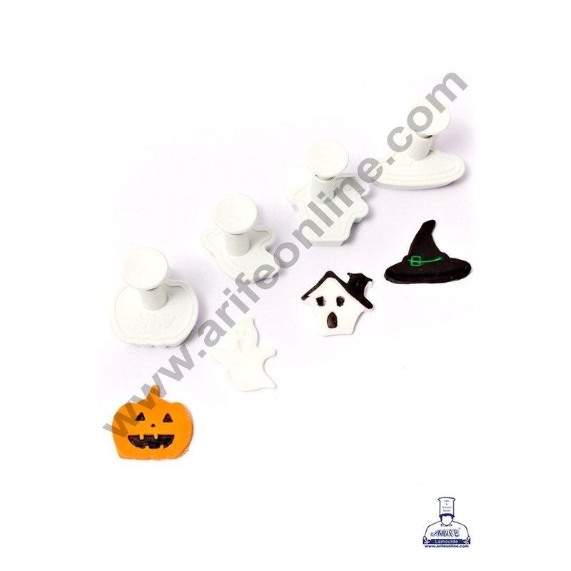 CAKE DECOR 4 Piece Halloween Theme Plastic Cutter | Fondant Cutter Plunger Halloween Ghost Pumpkin Witch Hat Haunted House