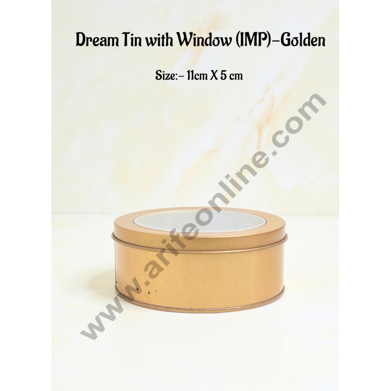 CAKE DECOR Dream Tin with Window (IMP) | Dream Cake Tin Torte cake Cookie Cake Tin - Golden Color - 11 cm X 5cm