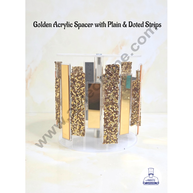 CAKE DECOR Golden Acrylic Spacer with Plain & Doted Strips Cake Spacer For Cake And Cupcake Decoration - 6 X 6 inch