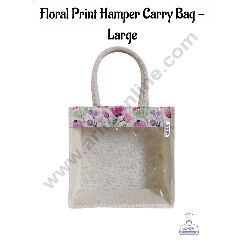 Floral Printed With Transparent Front Jute Hamper Carry Bag - Large - CAKE DECOR