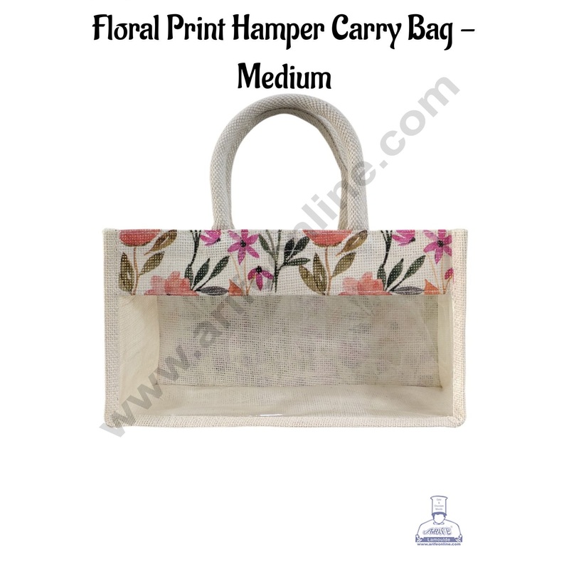Floral Printed With Transparent Front Jute Hamper Carry Bag - Medium  - CAKE DECOR