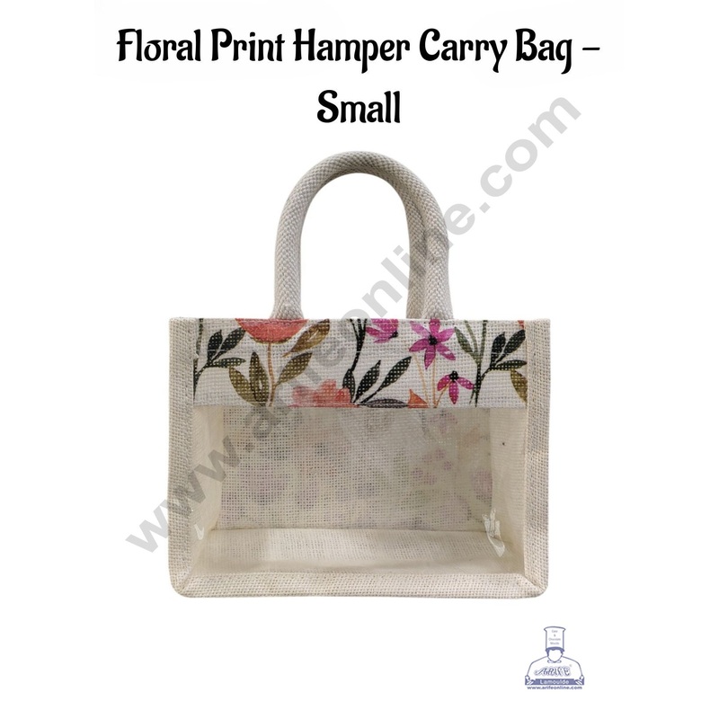 Floral Printed With Transparent Front Jute Hamper Carry Bag - Small  - CAKE DECOR