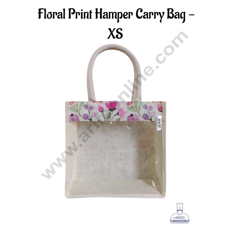 Floral Printed With Transparent Front Jute Hamper Carry Bag - XS  - CAKE DECOR