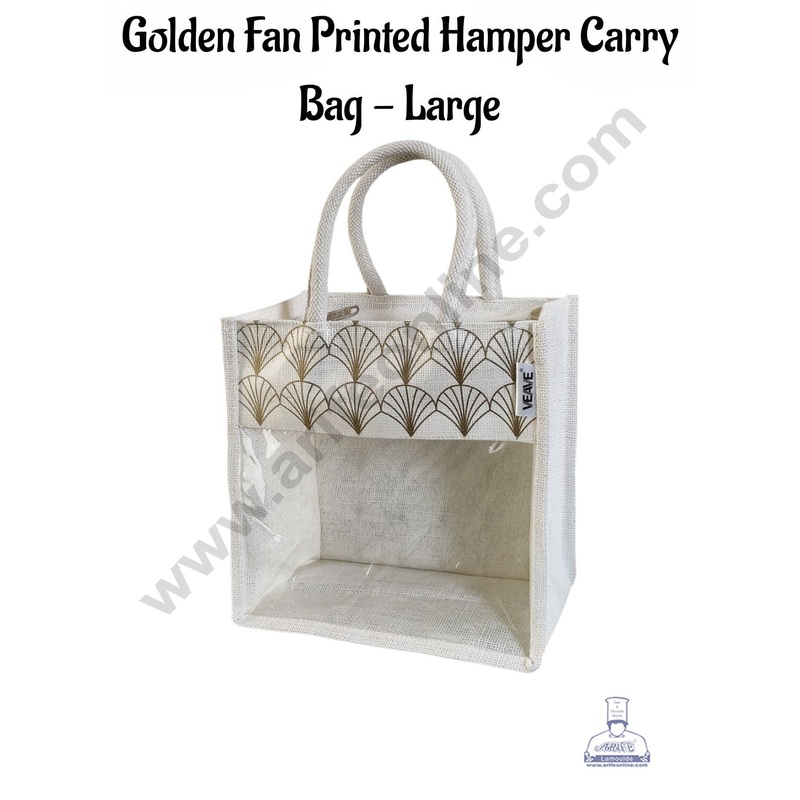 Golden Fan Printed With Transparent Front Jute Hamper Carry Bag - Large  - CAKE DECOR