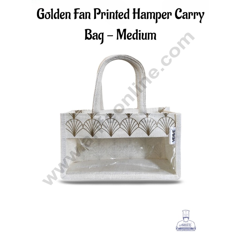 Golden Fan Printed With Transparent Front Jute Hamper Carry Bag - Medium  - CAKE DECOR