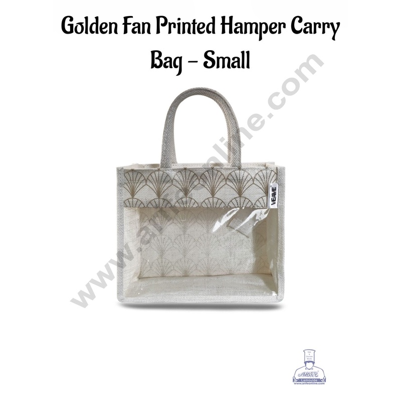 Golden Fan Printed With Transparent Front Jute Hamper Carry Bag - Small  - CAKE DECOR