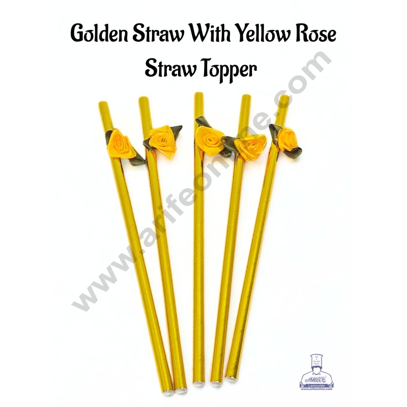 Golden Straw With Yellow Rose Straw Topper  For Cake Decoration - CAKE DECOR