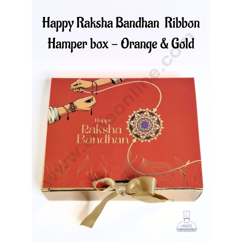 Happy Raksha Bandhan Foil Print Ribbon Hamper box - (1 Pc) Orange & Gold  - CAKE DECOR