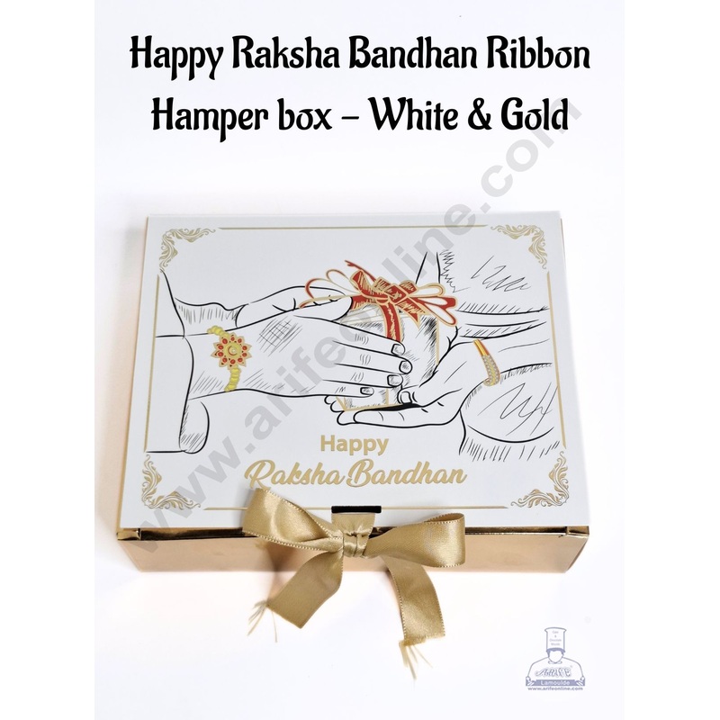 Happy Raksha Bandhan Foil Print Ribbon Hamper box - (1 Pc) White & Gold  - CAKE DECOR