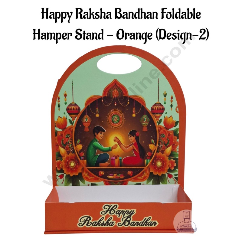 Happy Raksha Bandhan Foldable Hamper Stand -Orange (Design-02)- CAKE DECOR