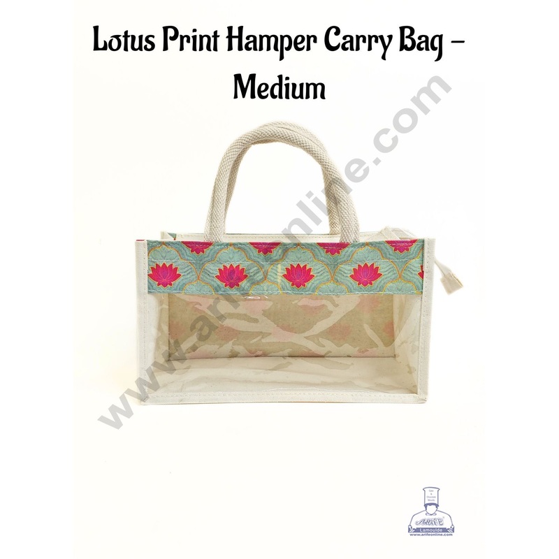 Lotus Printed With Transparent Front Jute Hamper Carry Bag - Medium  - CAKE DECOR