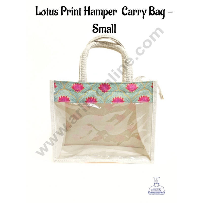 Lotus Printed With Transparent Front Jute Hamper Carry Bag - Small  - CAKE DECOR
