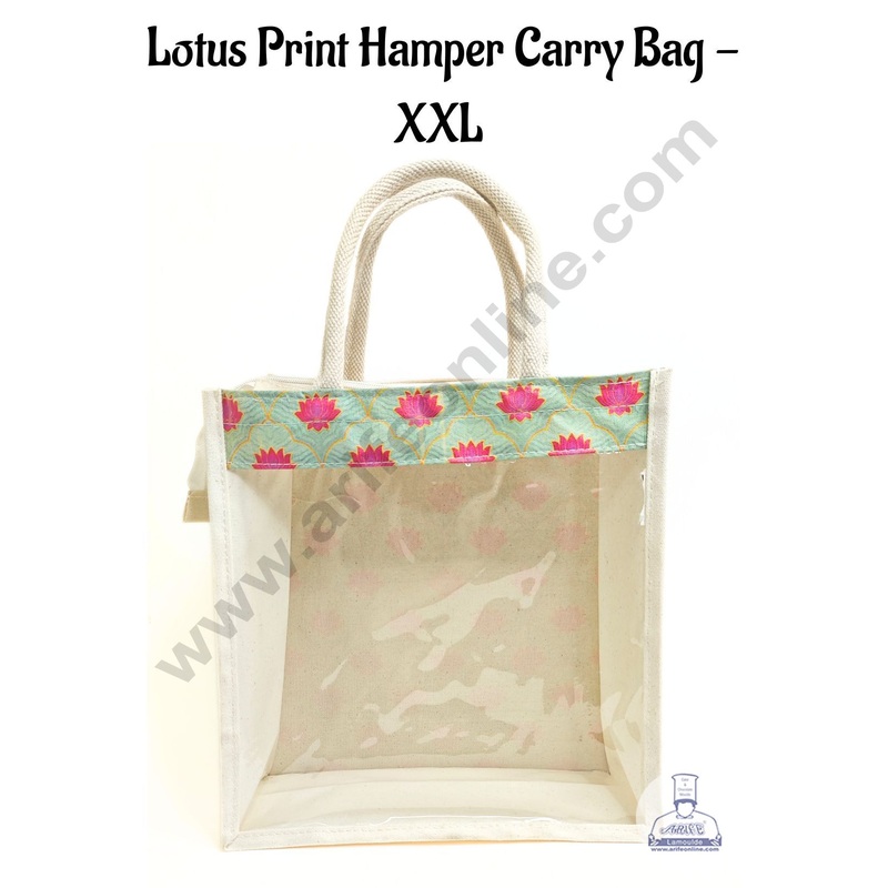 Lotus Printed With Transparent Front Jute Hamper Carry Bag - XLL  - CAKE DECOR