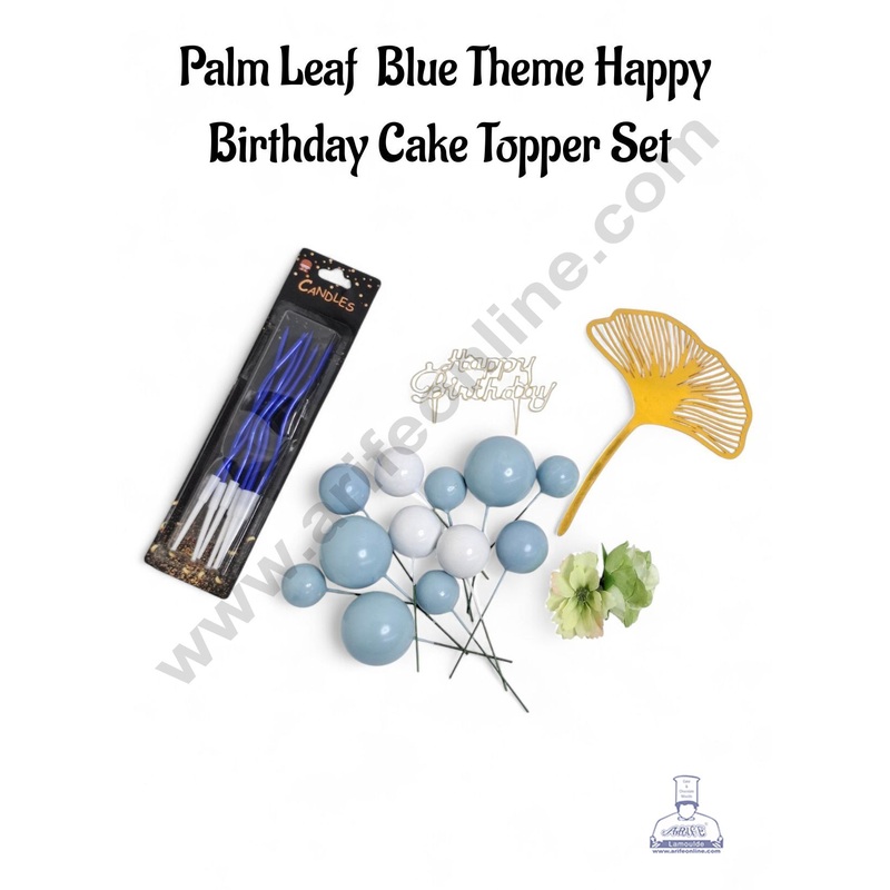 Palm Leaf Blue Theme Happy Birthday Cake Topper Set  - CAKE DECOR