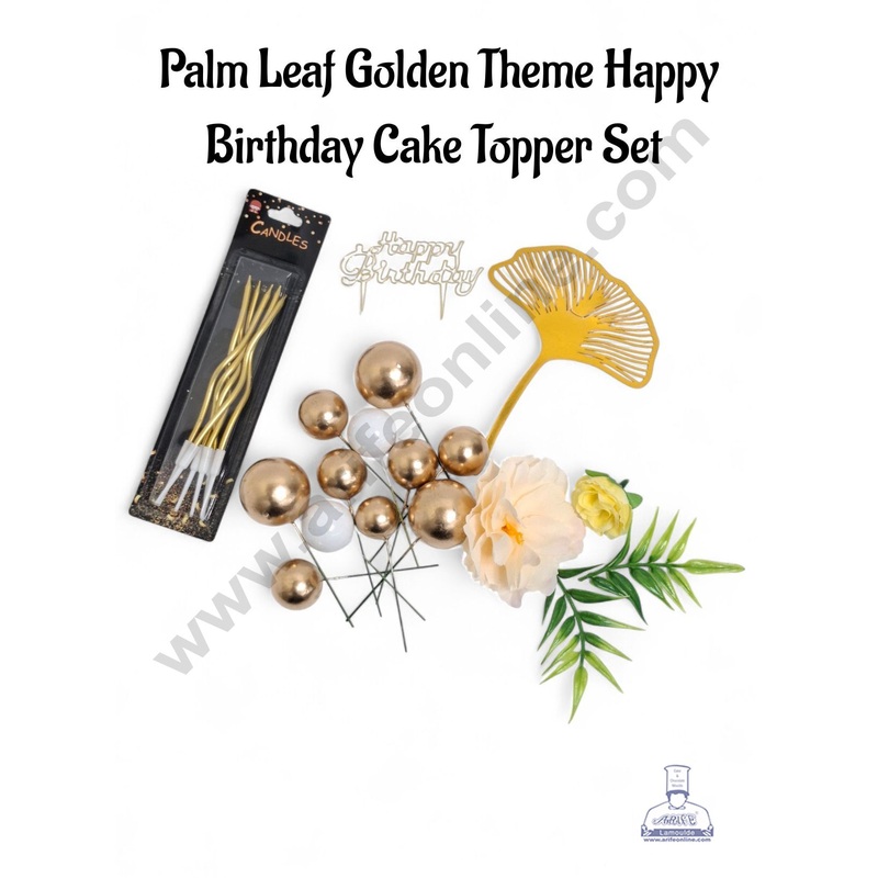 Palm Leaf Golden Theme Happy Birthday Cake Topper Set  - CAKE DECOR