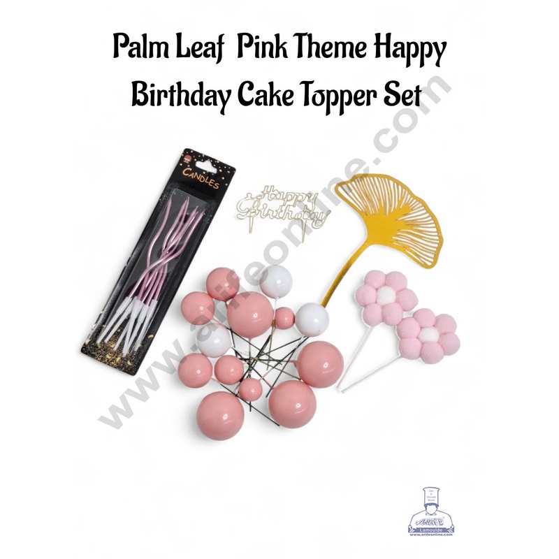 Palm Leaf Pink Theme Happy Birthday Cake Topper Set  - CAKE DECOR