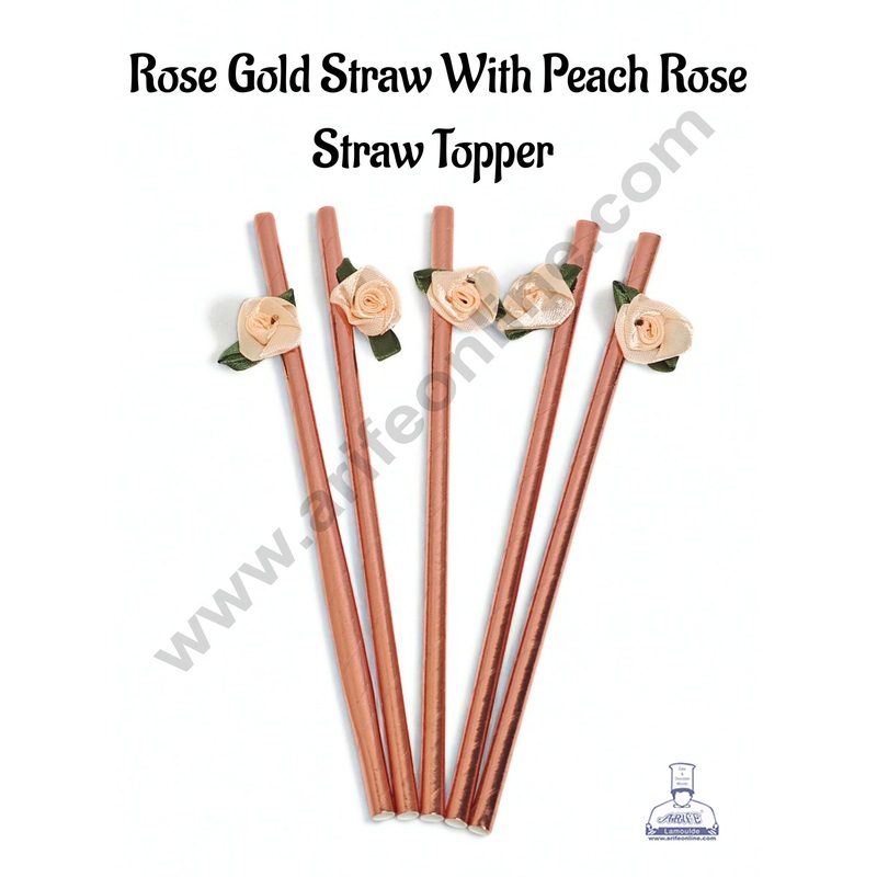 Rose Gold Straw With Peach Rose Straw Topper For Cake Decoration - CAKE DECOR
