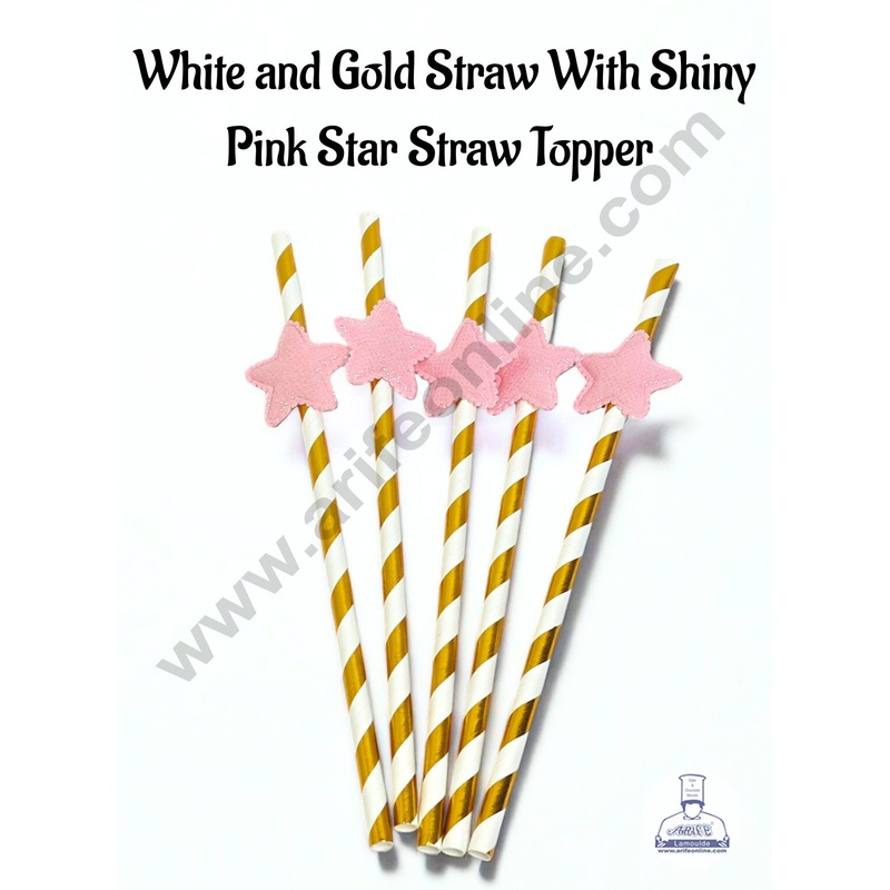 White and Gold Straw With Shiny Pink Star Straw Topper For Cake Decoration - CAKE DECOR