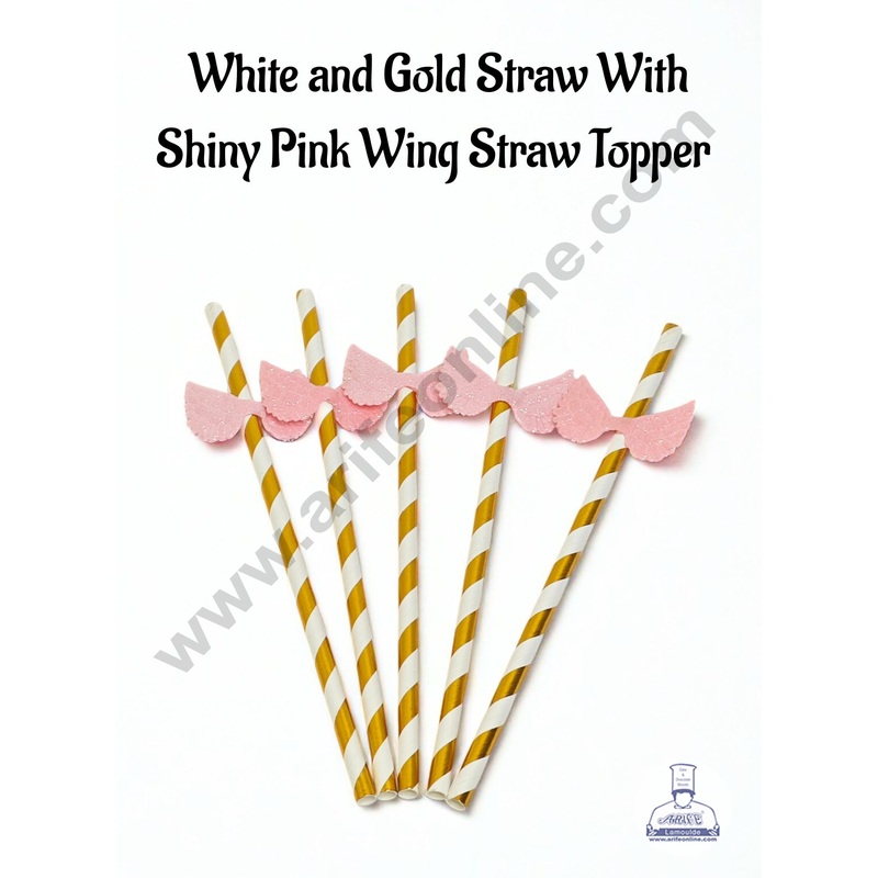 White and Gold Straw With Shiny Pink Wing Straw Topper For Cake Decoration - CAKE DECOR