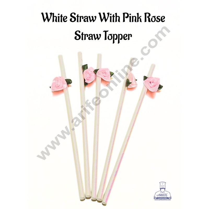 White Straw With Pink Rose  Straw Topper For Cake Decoration - CAKE DECOR