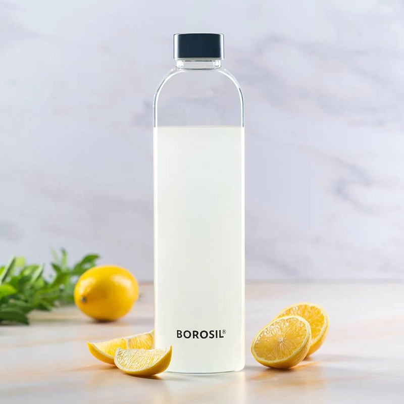 Borosil Crysto 550 ML Slim Glass Bottle with Black Lid | Transparent | 1 Pc