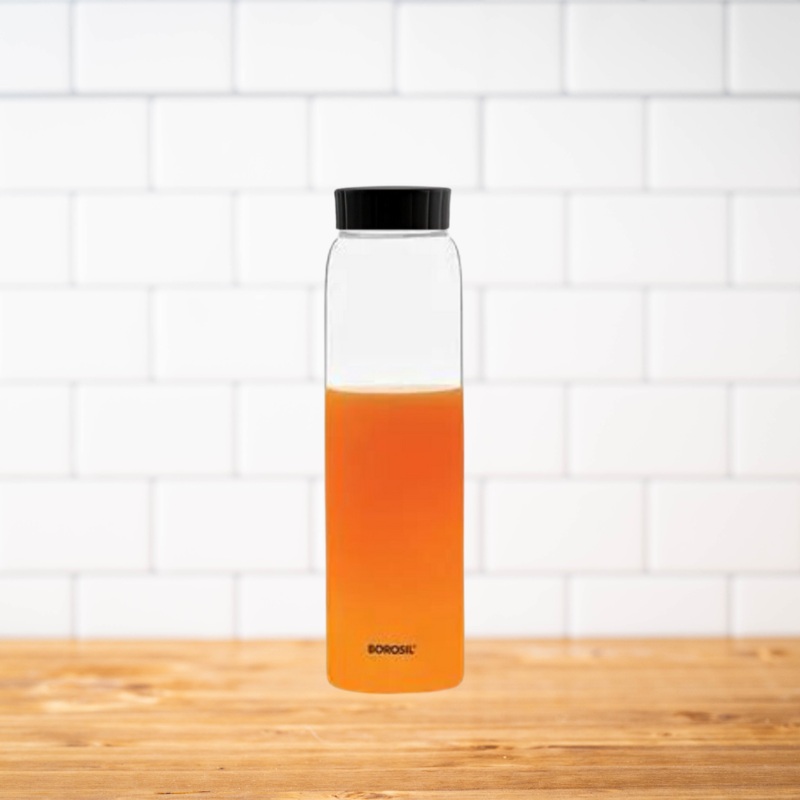 Borosil Crysto Glass Bottle with Black Lid | Transparent | 1 Pc