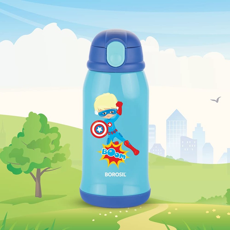 Borosil Hydra Superhero 500 ML Vacuum Insulated Water Bottle for Kids | Blue | 1 Pc