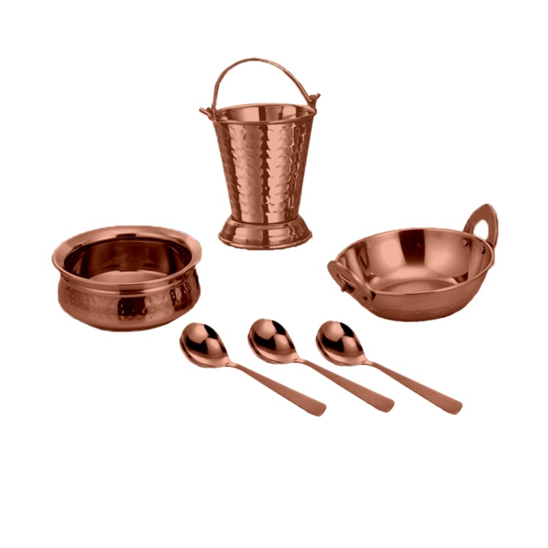 DeStellar Daawat Hammered Stainless Steel Serving Sets | Rose Gold | Set of 6 Pcs