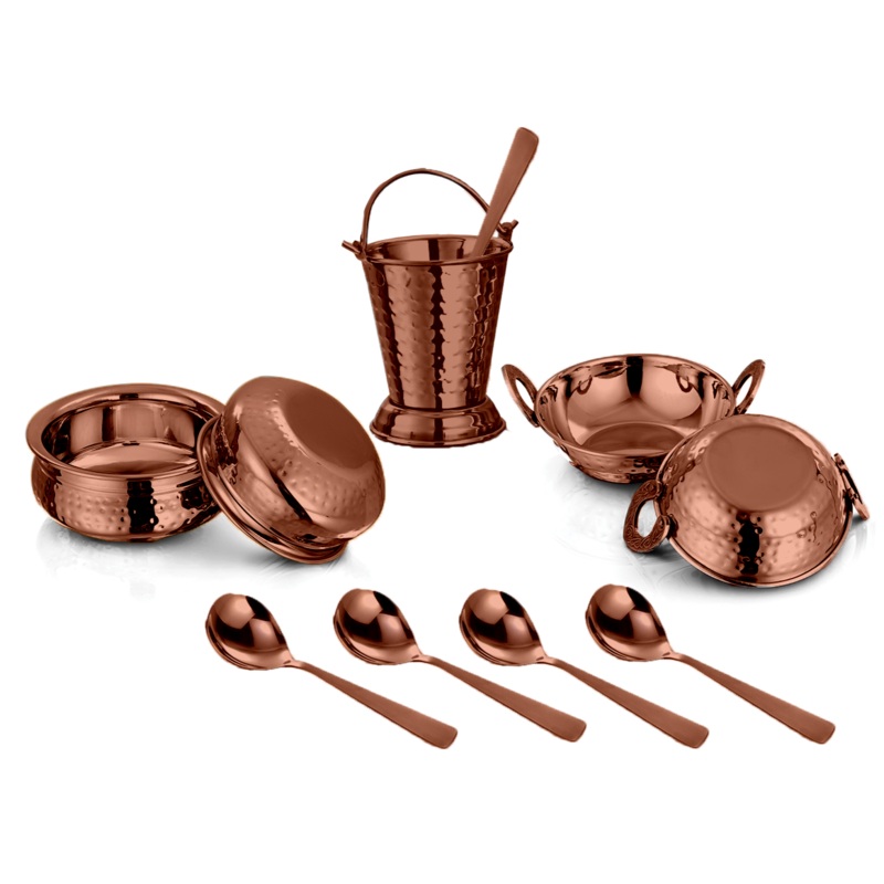 DeStellar Khana Khazana Hammered Stainless Steel Serving Sets | Rose Gold | Set of 10 Pcs