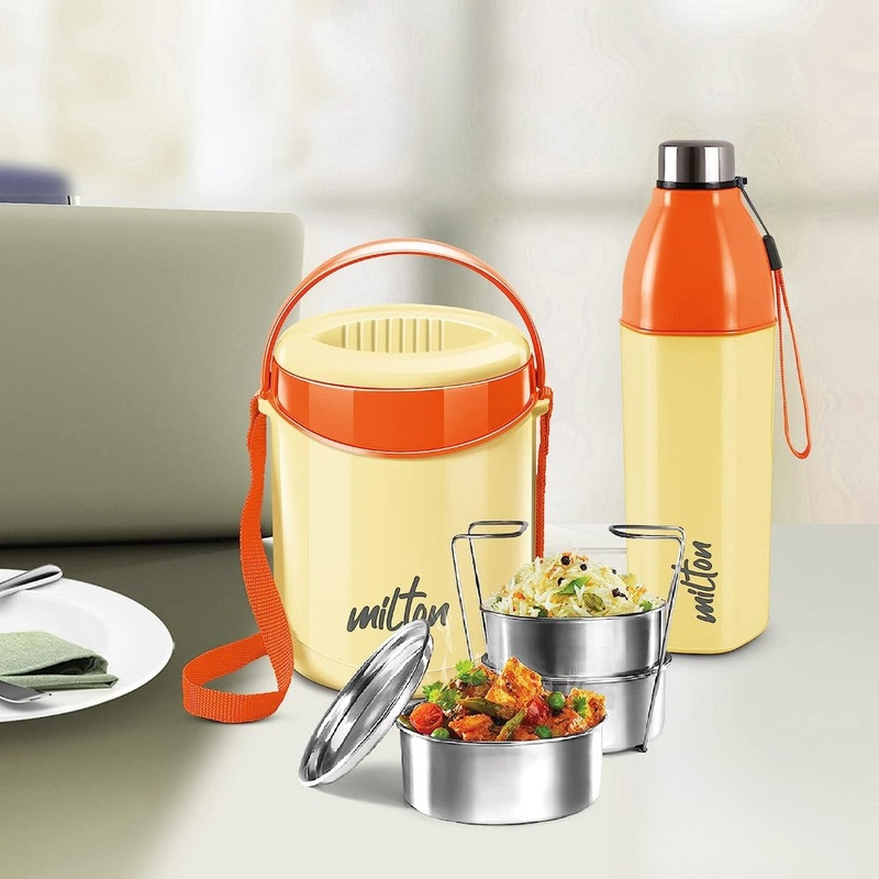 Milton Essential Gift Set - Econa Tiffin 3 + Hexone 900 Bottle | Set of 2 Pcs