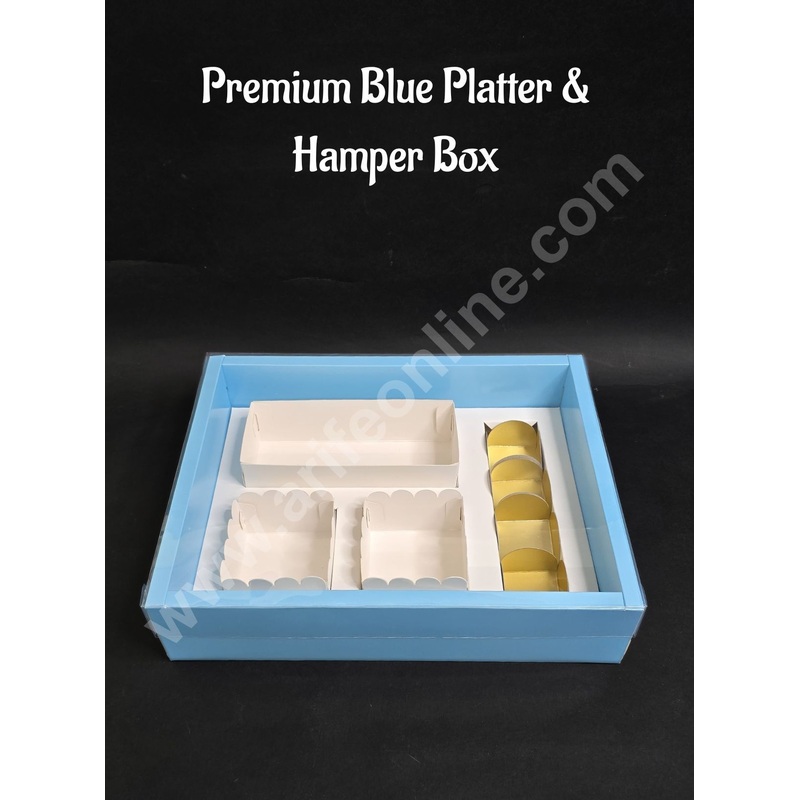 Premium Blue Platter & Hamper Box with Cavity & Lid  13 x 10 x 3 Inches - CAKE DECOR