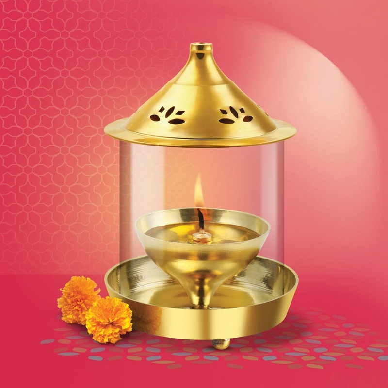 Treo Brass Shubham Diya with Borosilicate Glass | Golden | 1 Pc