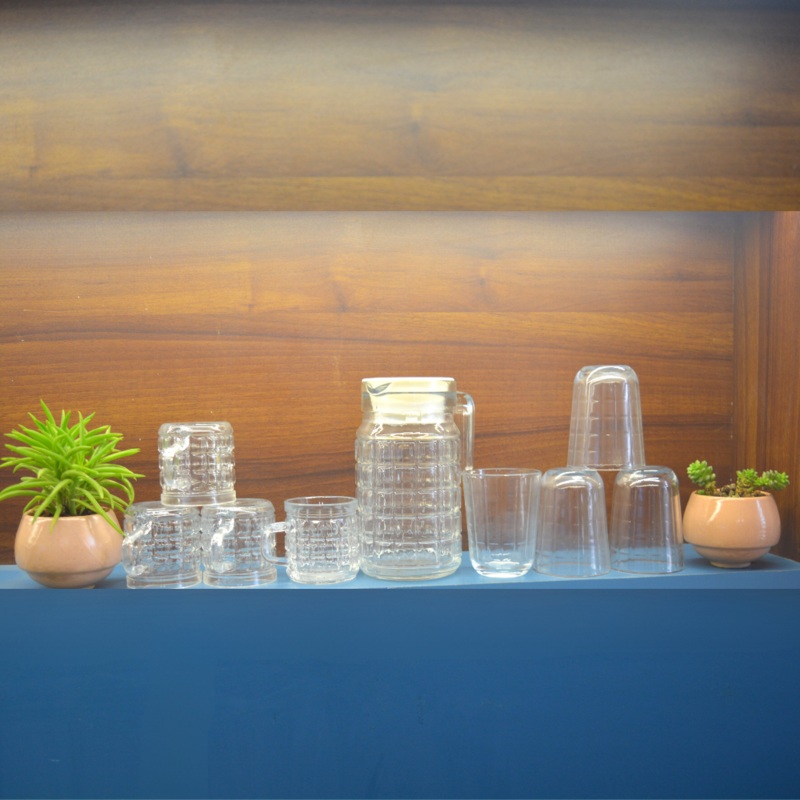 Yera Vector Moulded Design Juice Glass Set | Transparent | Set of 9 Pcs