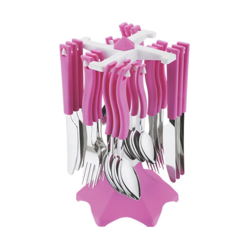 Ankur Swastic Cutlery Set | Stainless Steel & Plastic | Pink | Set of 24 Pcs