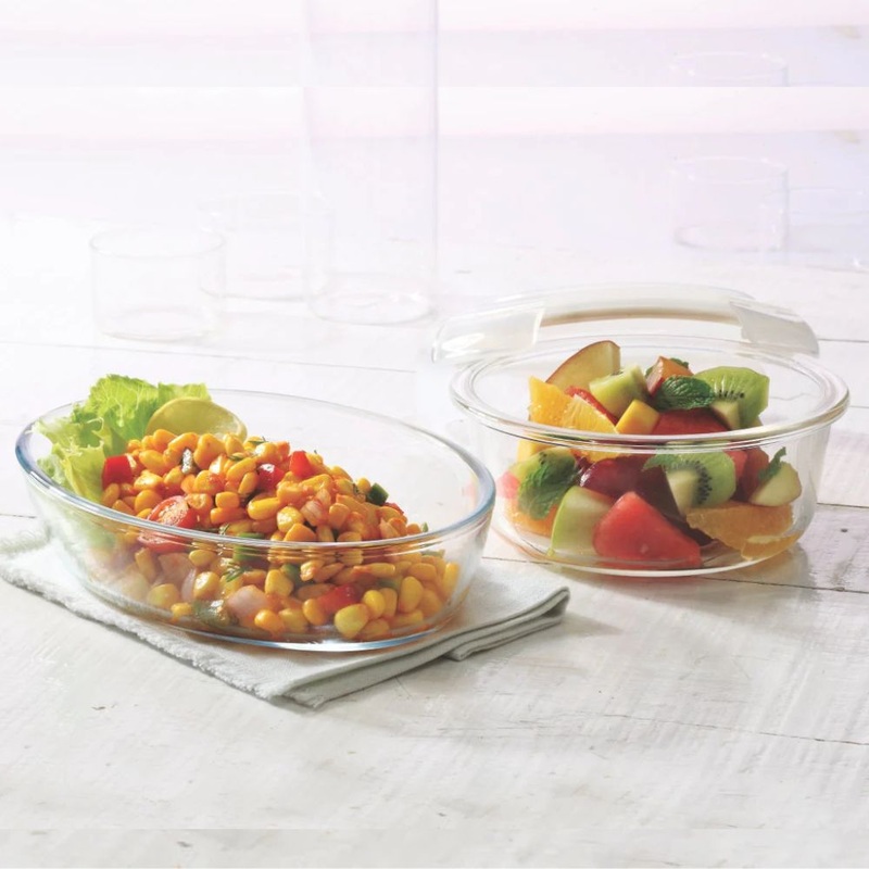 Borosil Bake N Store Set - 700 ML Oval Dish + 620 ML Klip n Store Round Container | Transparent | Set of 2 Pcs