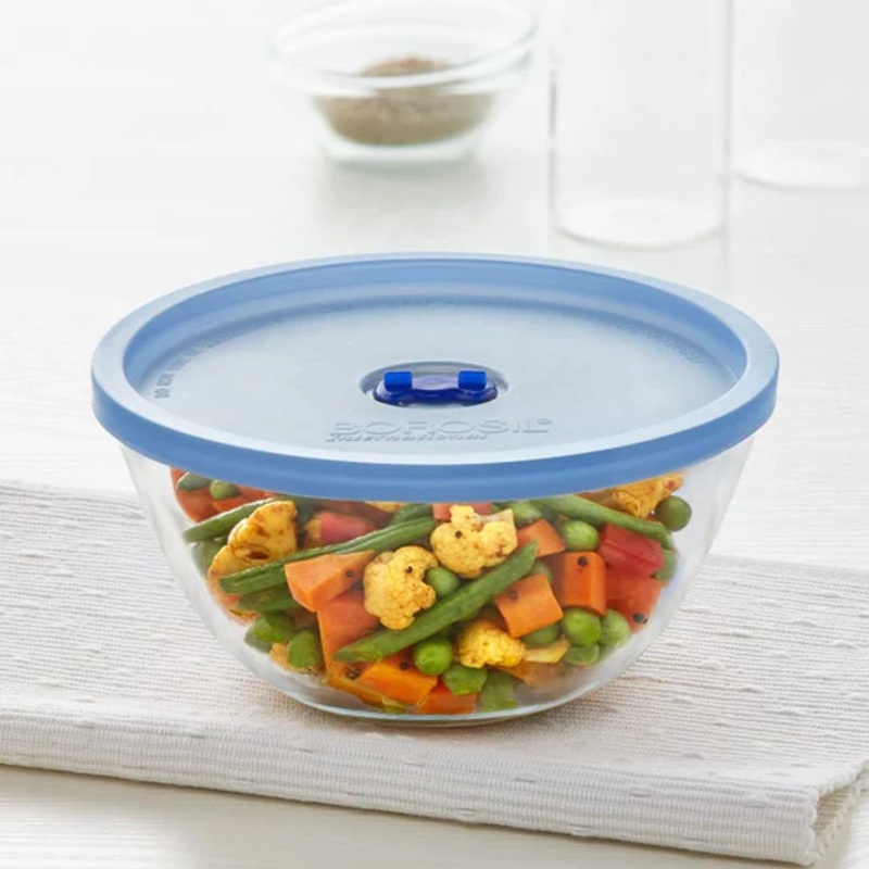 Borosil Glass Mixing & Serving Bowl with Blue Lid | Transparent | 1 Pc