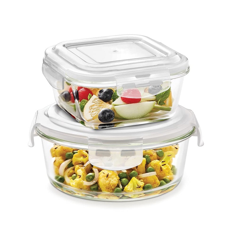 Borosil Klip n Store 320 ML Square + 400 ML Round Glass Container | Transparent | Set of 2 Pcs