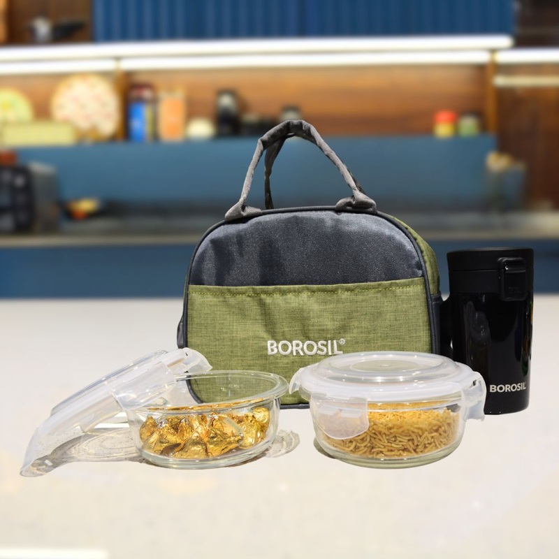 Borosil Metro 2 Containers Lunch Box with Coffeemate Travel Mug | Lunch Bag | Microwave Safe | Set of 4 Pcs