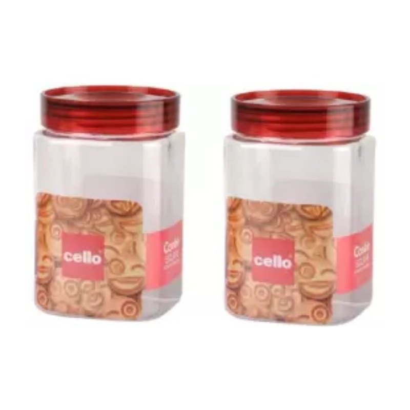 Cello Cookie Square Plastic Storage Jar with Red Lid | Transparent | Set of 2 Pcs