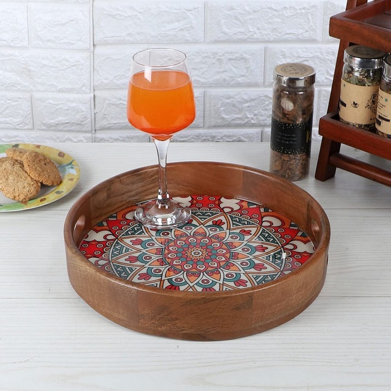 Softel Handcrafted Premium Ornamental Mandala Wooden Round Serving Tray | Brown | 1 Pc