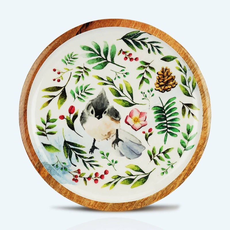 Softel Wooden Leafy Titmouse Round Serving Platter | White | 1 Pc