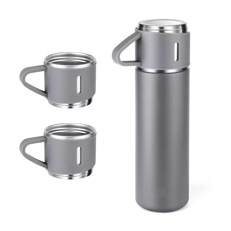 Stainless Steel Vacuum Flask Set with 3 Steel Cups | Set of 3 Pcs